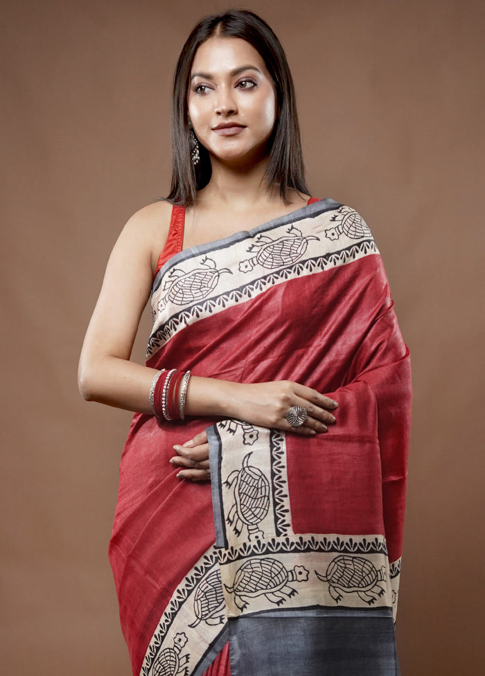 Red Tussar Silk Saree With Blouse Piece - Indian Silk House Agencies
