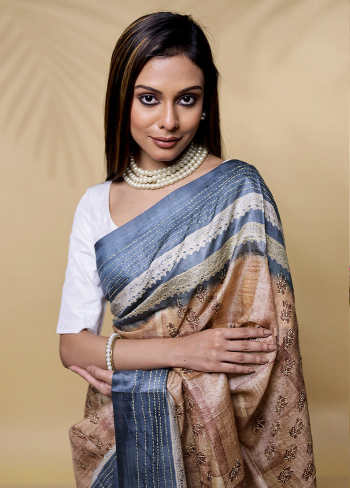 Brown Tussar Silk Saree Without Blouse Piece - Indian Silk House Agencies