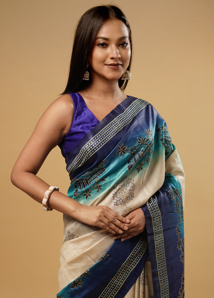 Cream Tussar Silk Saree With Blouse Piece