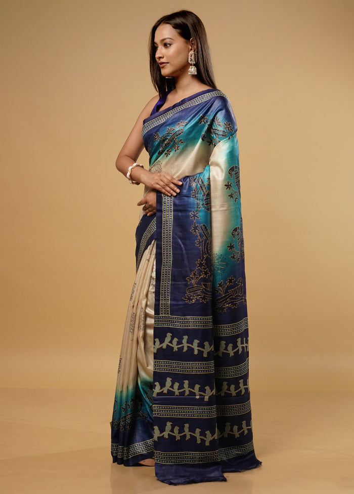 Cream Tussar Silk Saree With Blouse Piece