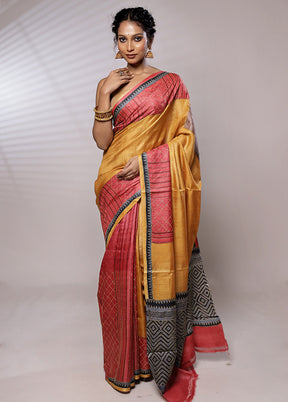 Yellow Tussar Silk Saree Without Blouse Piece