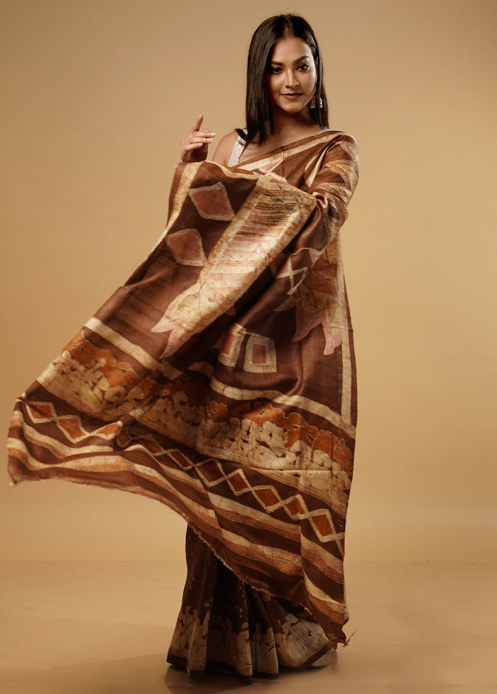 Brown Tussar Silk Saree With Blouse Piece - Indian Silk House Agencies