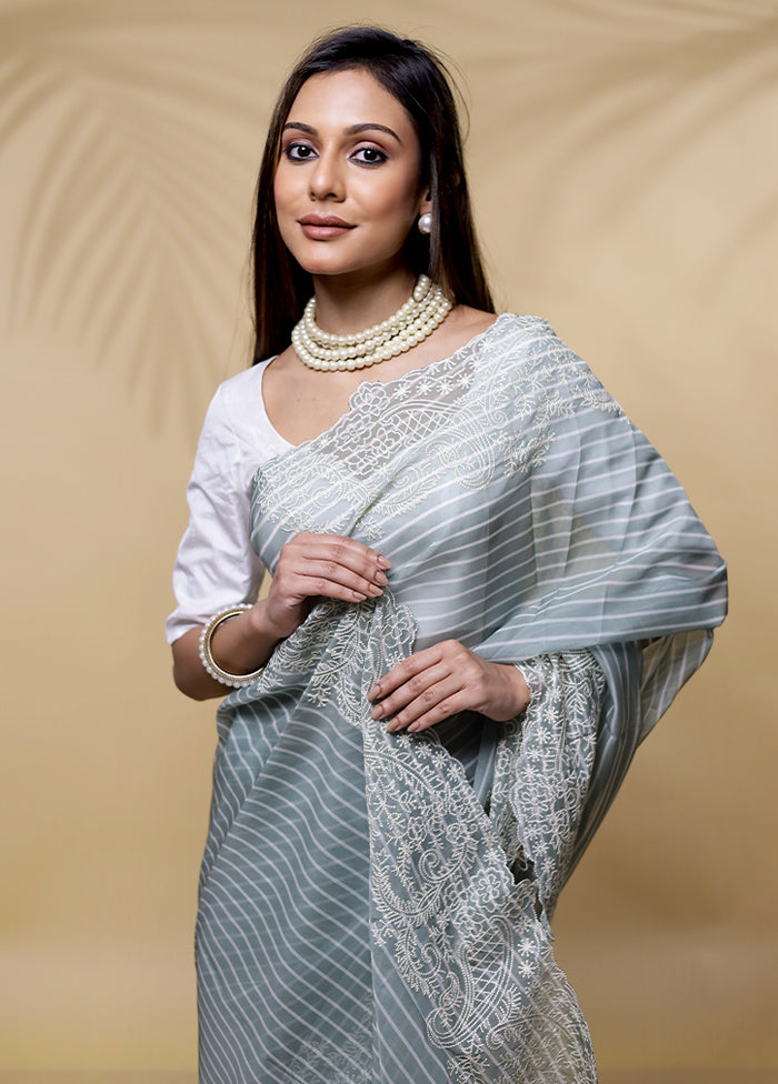 Grey Organza Saree Without Blouse Piece - Indian Silk House Agencies