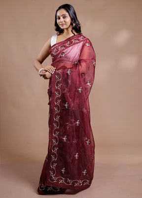 Maroon Organza Saree With Blouse Piece - Indian Silk House Agencies