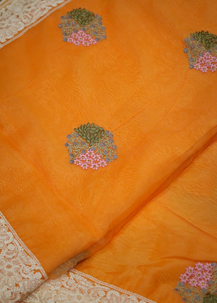 Orange Organza Saree Without Blouse Piece - Indian Silk House Agencies