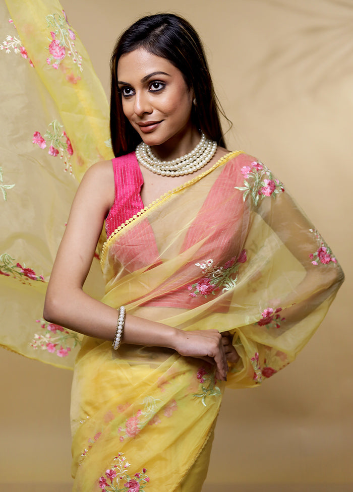 Yellow Organza Saree Without Blouse Piece