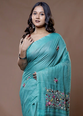 Green Dupion Silk Saree With Blouse Piece