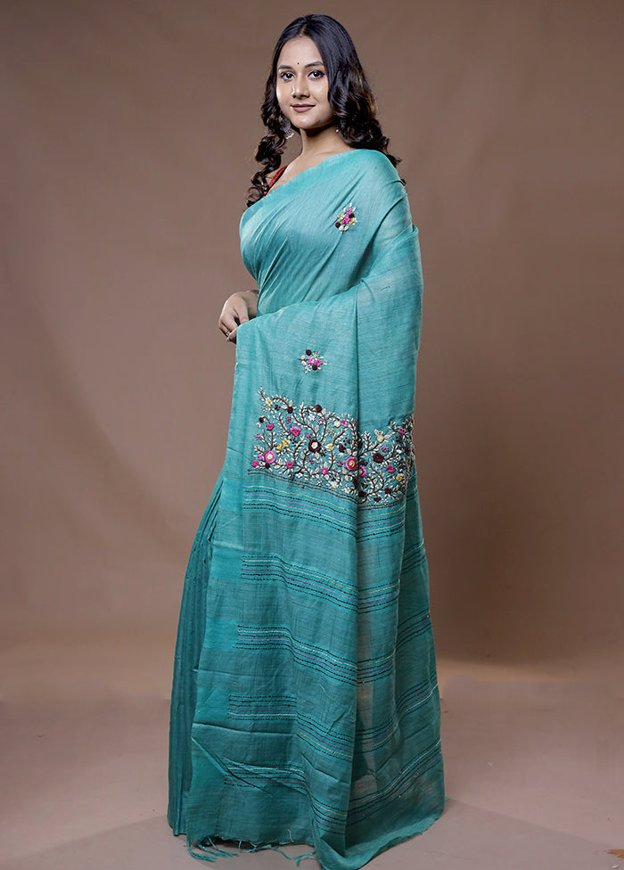 Green Dupion Silk Saree With Blouse Piece