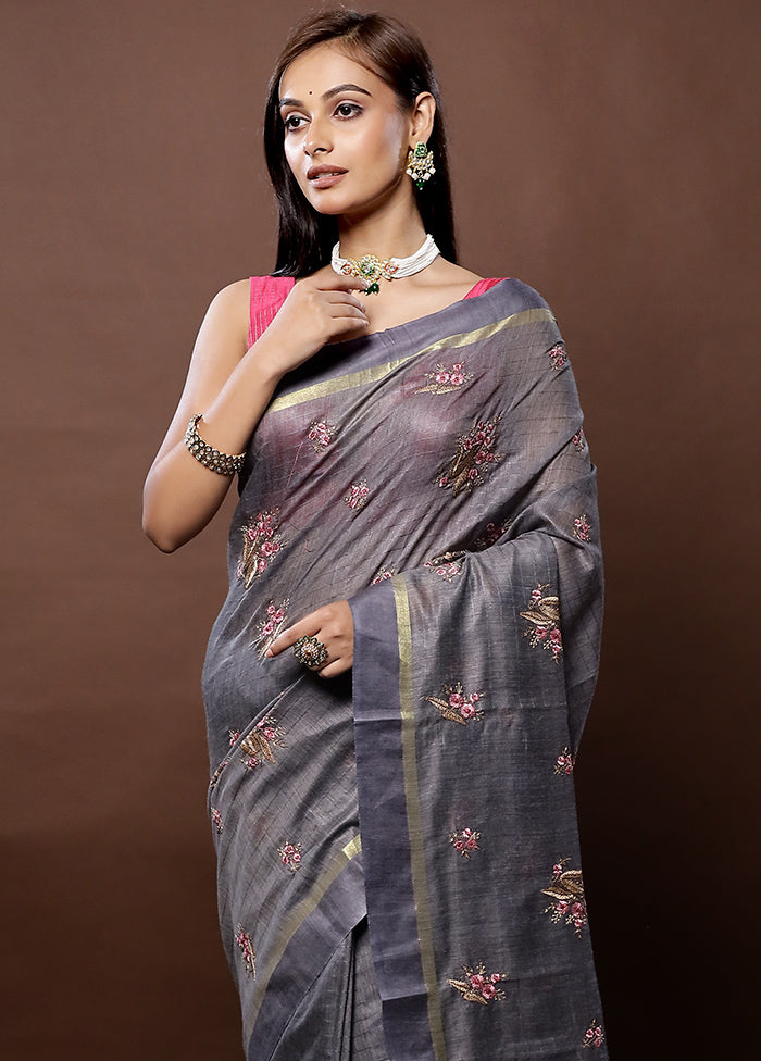 Grey Dupion Silk Saree With Blouse Piece - Indian Silk House Agencies