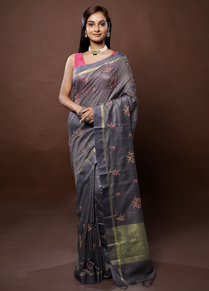 Grey Dupion Silk Saree With Blouse Piece - Indian Silk House Agencies