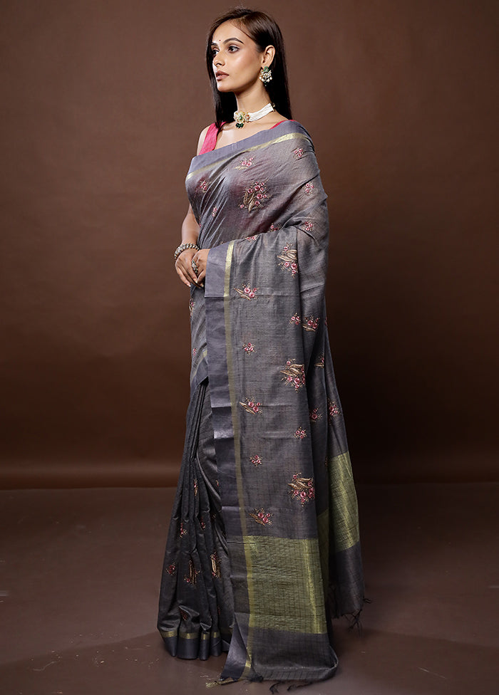 Grey Dupion Silk Saree With Blouse Piece