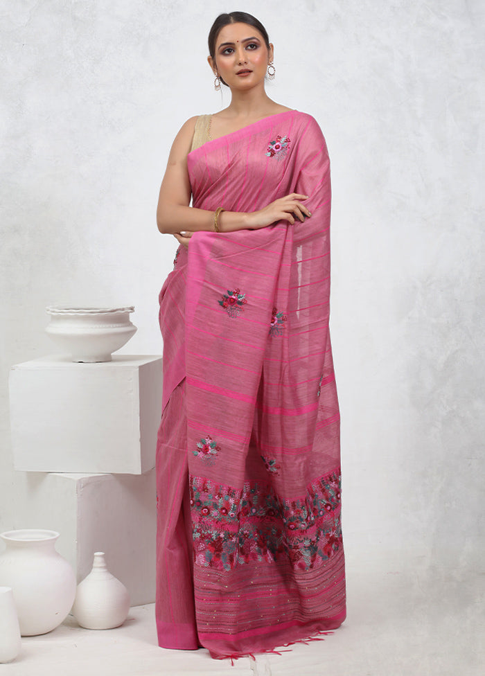 Pink Dupion Silk Saree With Blouse Piece