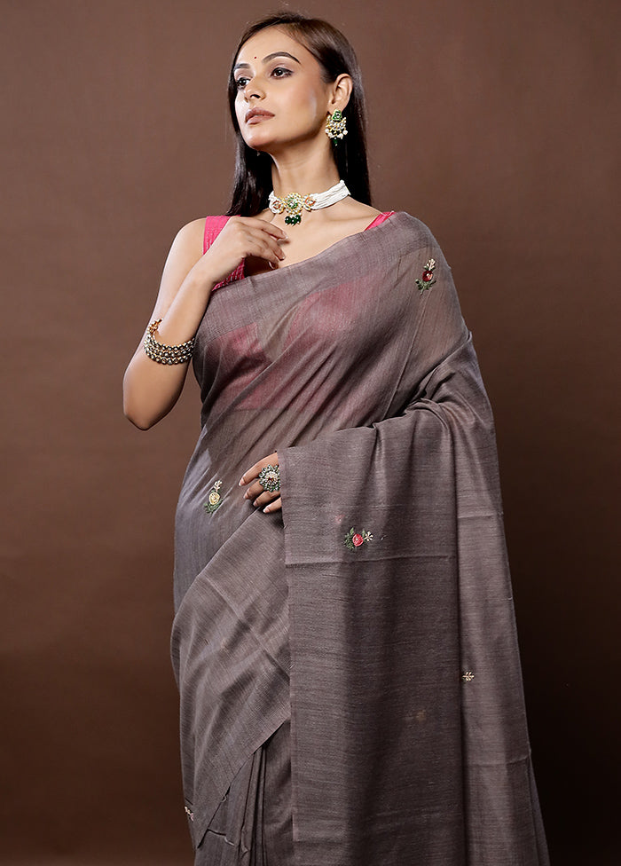 Grey Dupion Silk Saree With Blouse Piece