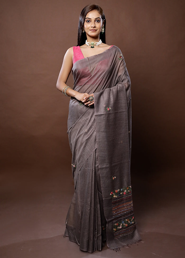 Grey Dupion Silk Saree With Blouse Piece - Indian Silk House Agencies