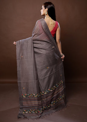 Grey Dupion Silk Saree With Blouse Piece