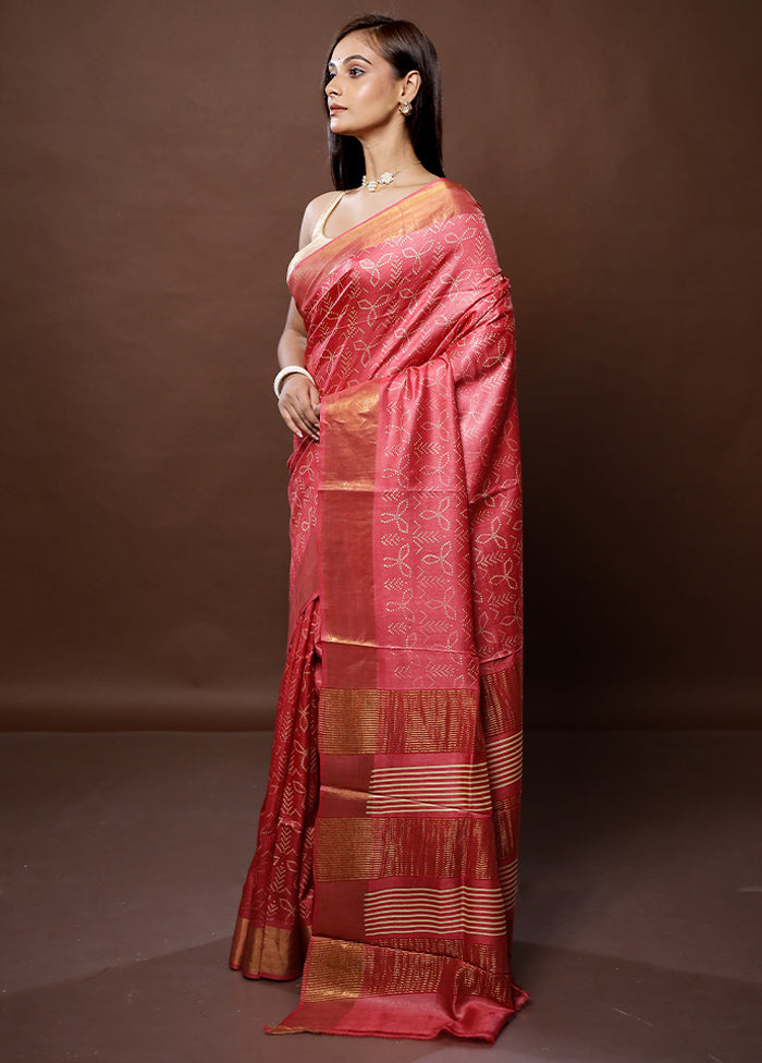 Pink Tussar Silk Saree With Blouse Piece - Indian Silk House Agencies