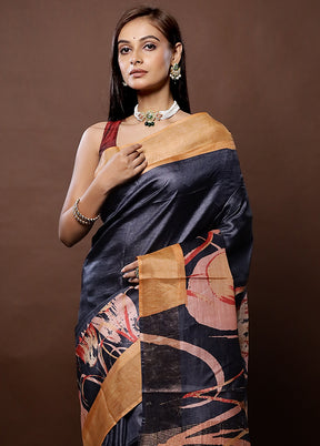 Black Tussar Silk Saree With Blouse Piece - Indian Silk House Agencies