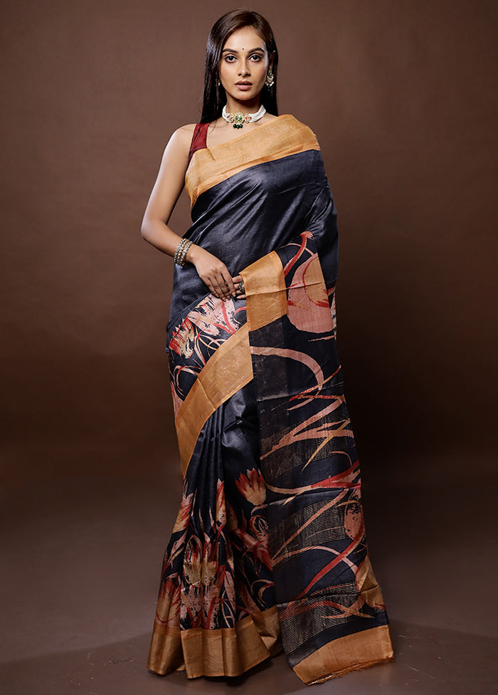 Black Tussar Silk Saree With Blouse Piece - Indian Silk House Agencies