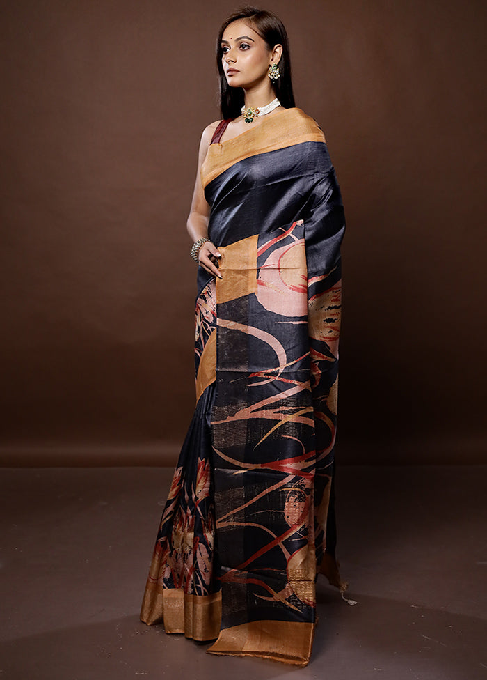 Black Tussar Silk Saree With Blouse Piece - Indian Silk House Agencies