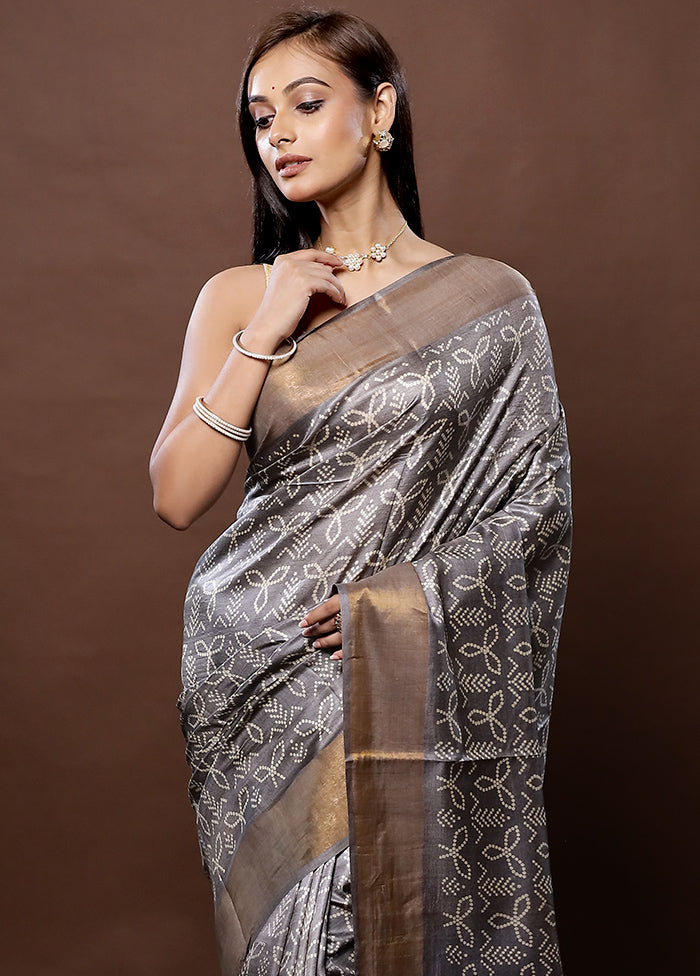 Grey Tussar Silk Saree With Blouse Piece