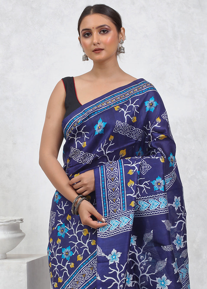 Blue Printed Pure Silk Saree Without Blouse Piece - Indian Silk House Agencies