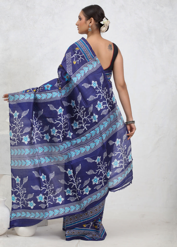 Blue Printed Pure Silk Saree Without Blouse Piece - Indian Silk House Agencies