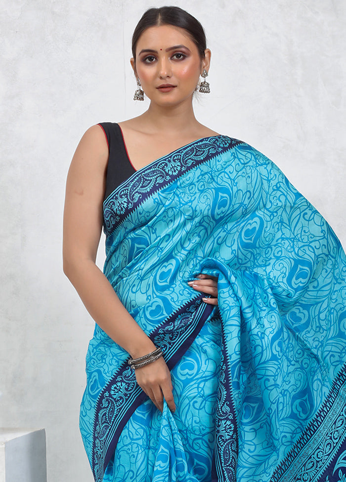 Blue Printed Pure Silk Saree Without Blouse Piece