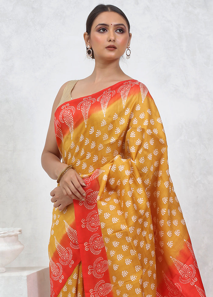 Yellow Printed Pure Silk Saree Without Blouse Piece