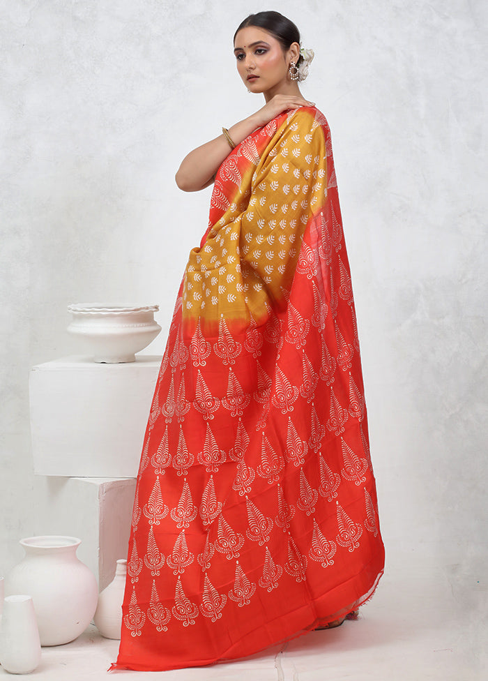 Yellow Printed Pure Silk Saree Without Blouse Piece - Indian Silk House Agencies