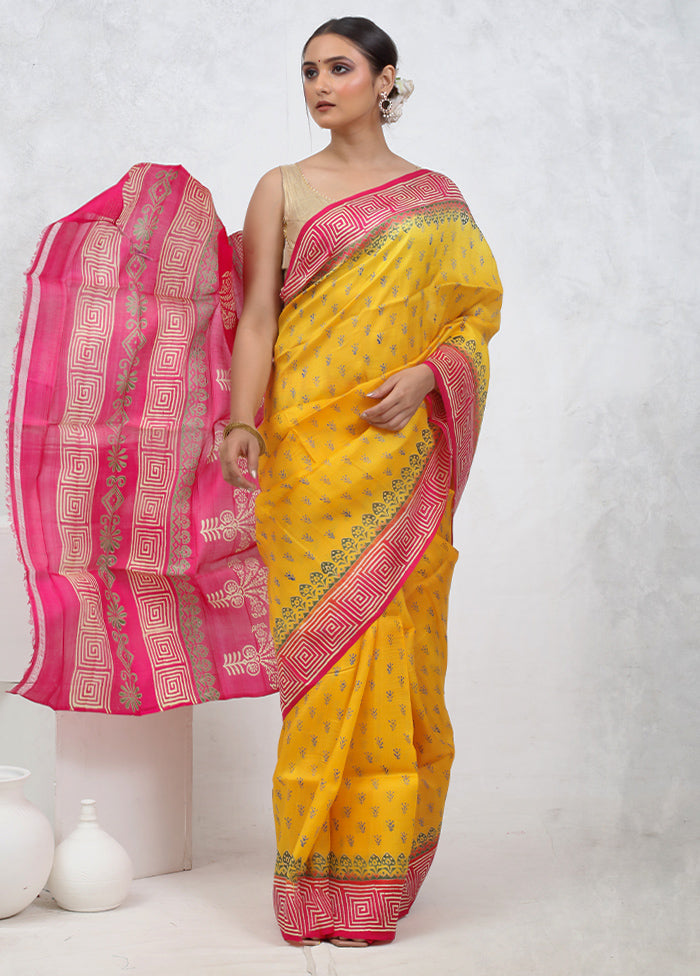 Yellow Printed Pure Silk Saree Without Blouse Piece - Indian Silk House Agencies