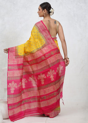 Yellow Printed Pure Silk Saree Without Blouse Piece - Indian Silk House Agencies