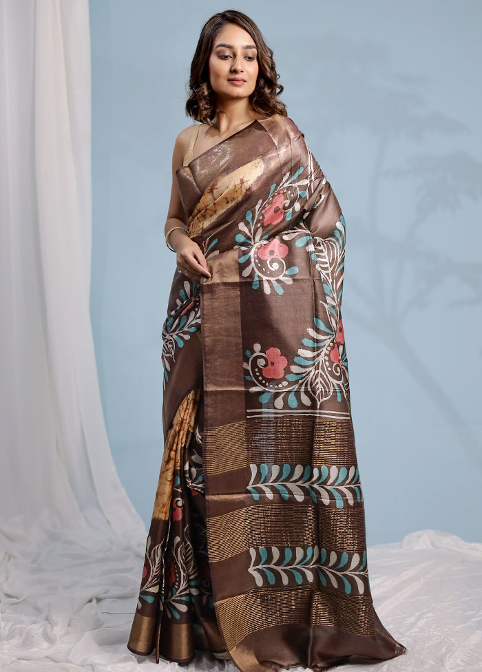 Brown Tussar Pure Silk Saree With Blouse Piece