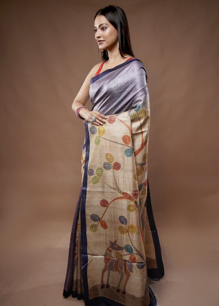 Cream Tussar Pure Silk Saree With Blouse Piece