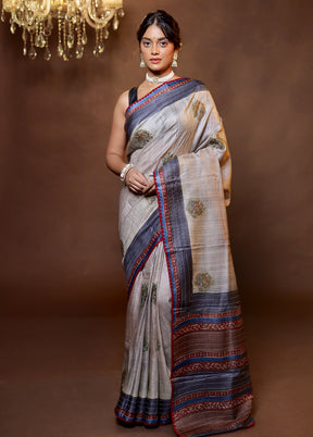 Grey Handloom Tussar Pure Silk Saree With Blouse Piece