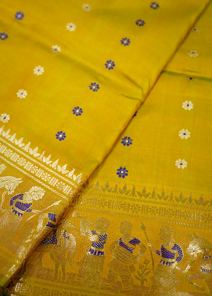 Yellow Baluchari Pure Silk Saree Without Blouse Piece