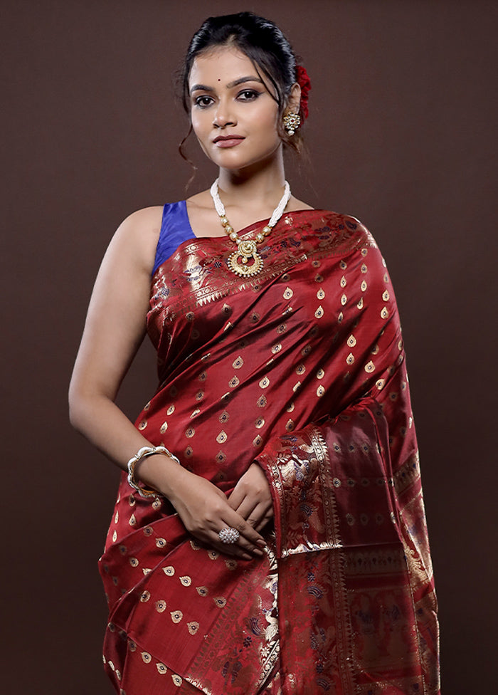 Maroon Baluchari Pure Silk Saree Without Blouse Piece - Indian Silk House Agencies