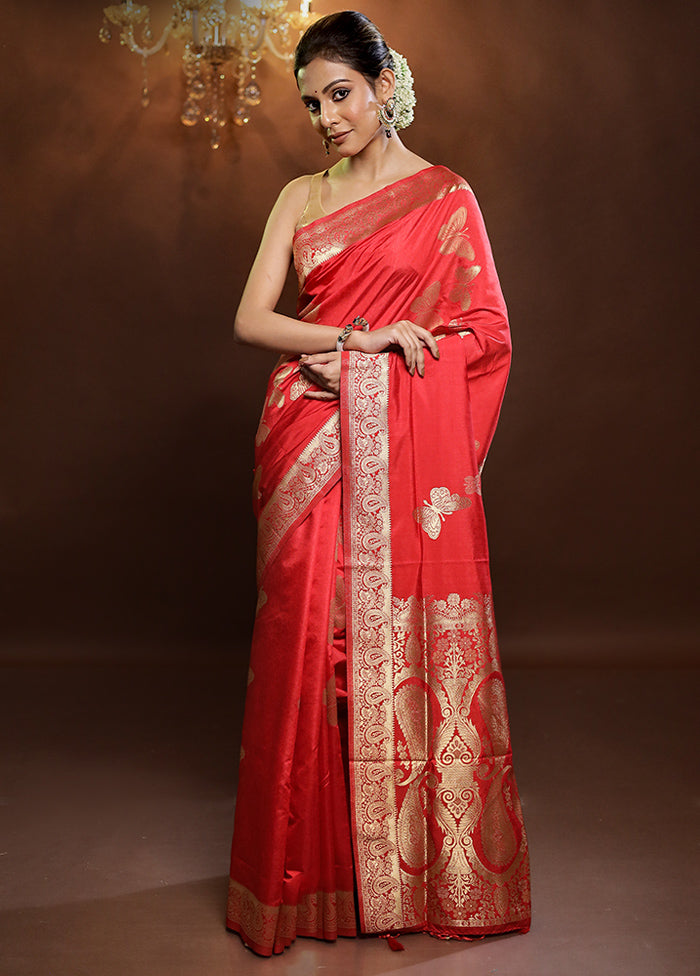 Red Dupion Silk Saree With Blouse Piece