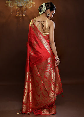 Red Dupion Silk Saree With Blouse Piece - Indian Silk House Agencies