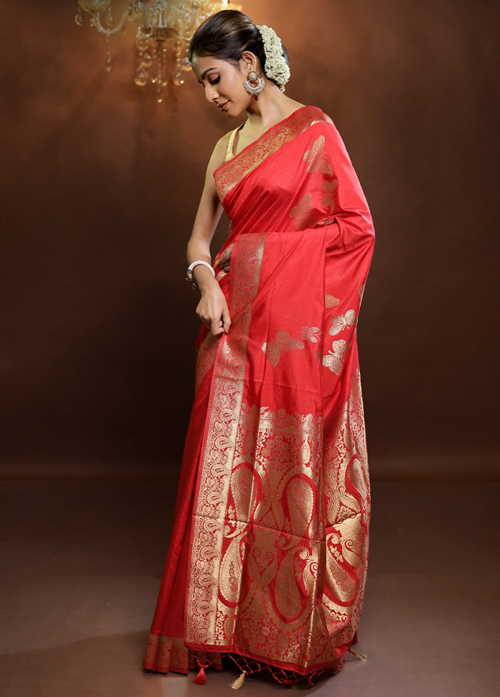 Red Dupion Silk Saree With Blouse Piece - Indian Silk House Agencies