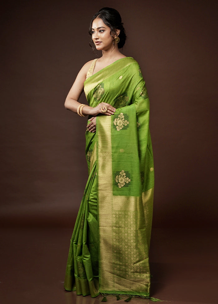 Green Dupion Silk Saree With Blouse Piece - Indian Silk House Agencies