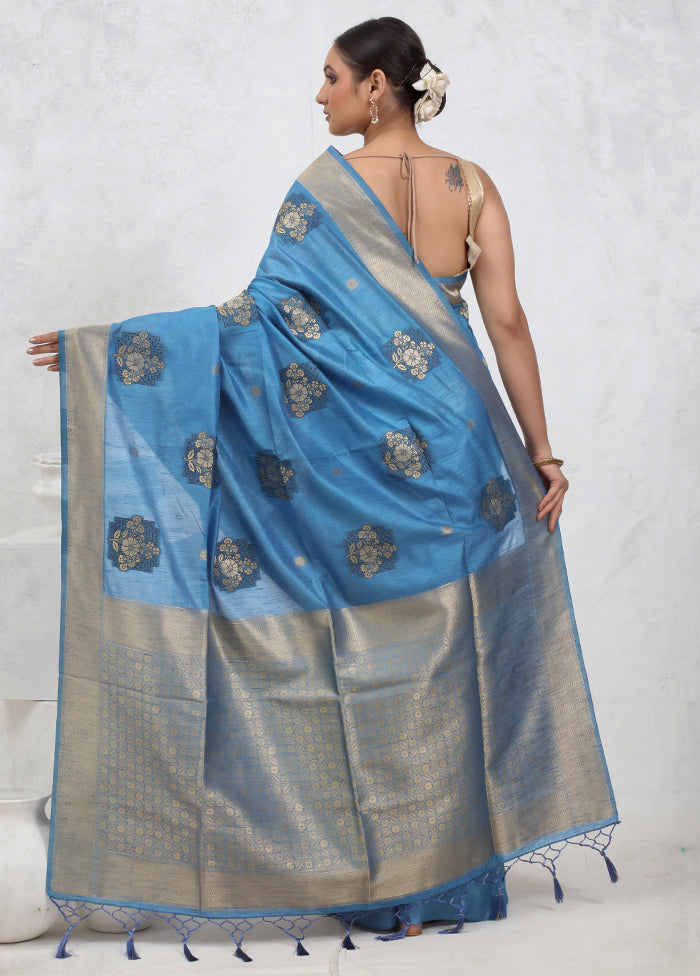 Blue Dupion Silk Saree With Blouse Piece