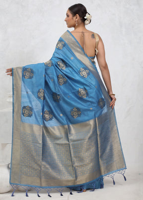 Blue Dupion Silk Saree With Blouse Piece