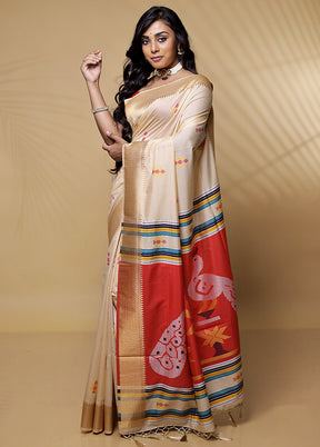 Cream Dupion Silk Saree Without Blouse Piece - Indian Silk House Agencies