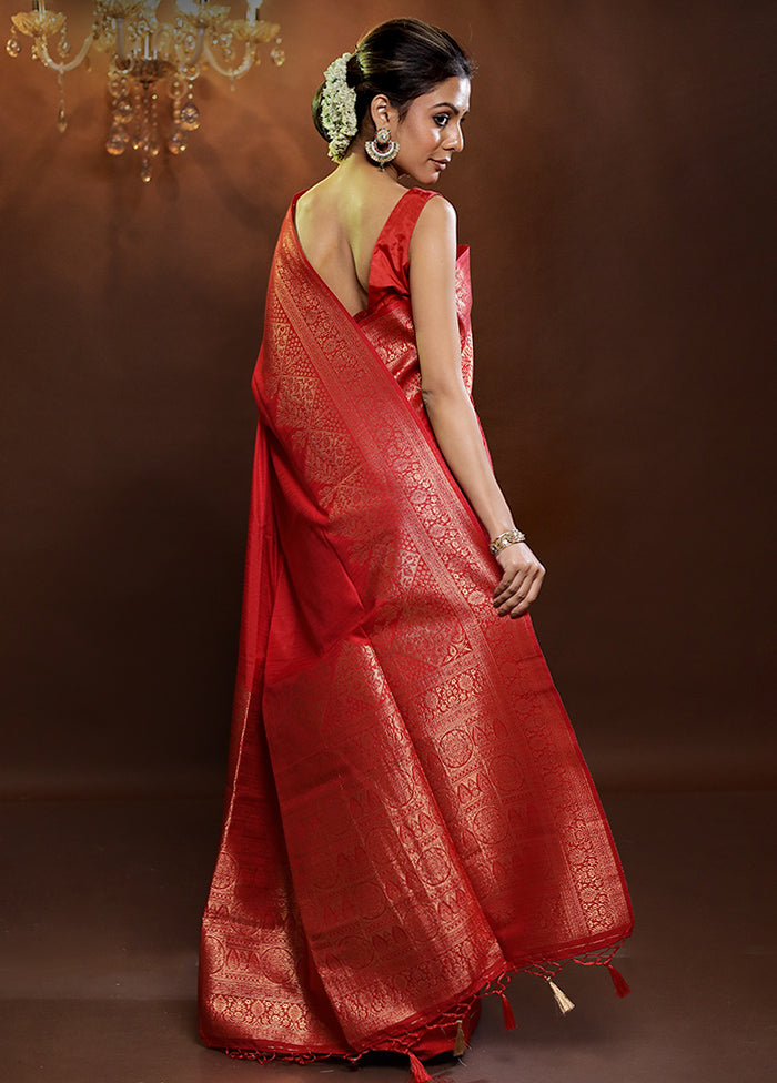 Red Dupion Silk Saree With Blouse Piece