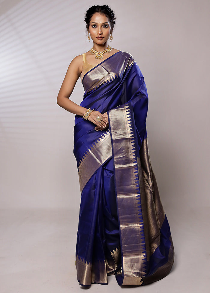 Blue Kanjivaram Pure Silk Saree With Blouse Piece