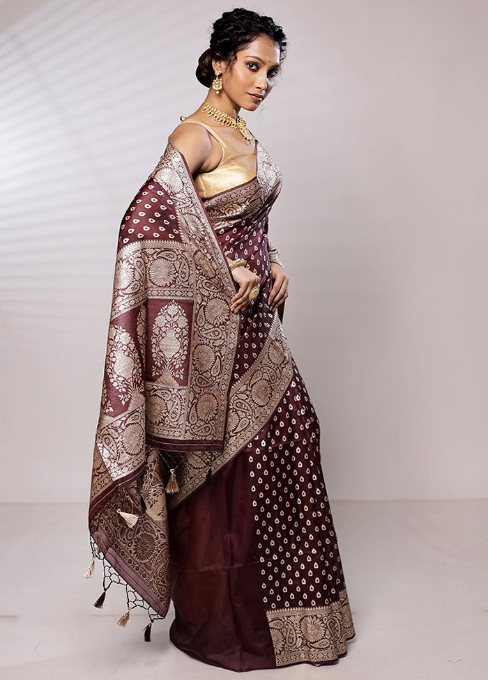 Maroon Kora Silk Saree With Blouse Piece