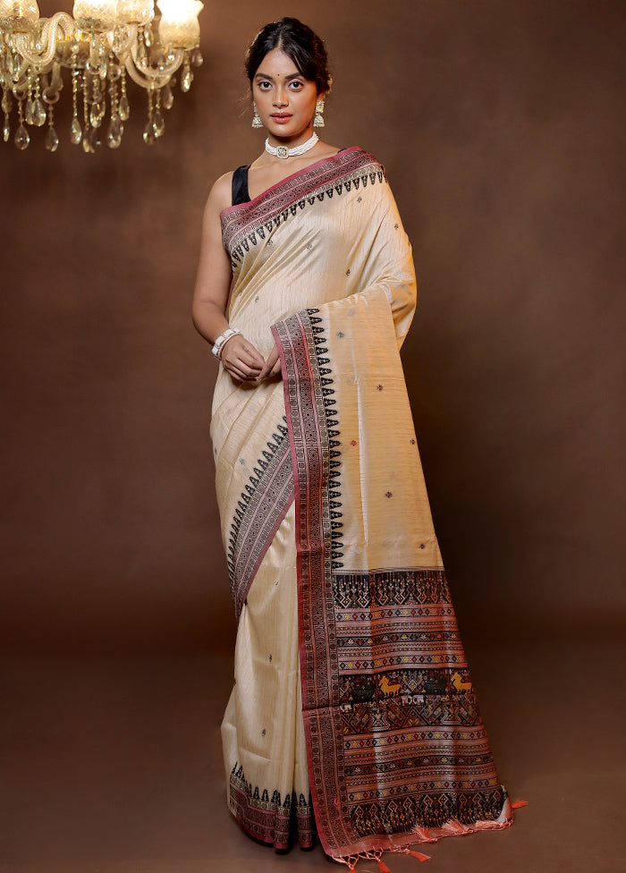 Cream Dupion Silk Saree With Blouse Piece