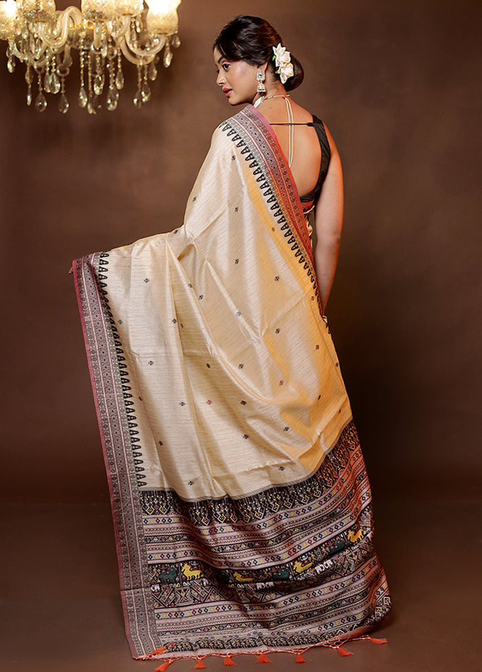 Cream Dupion Silk Saree With Blouse Piece