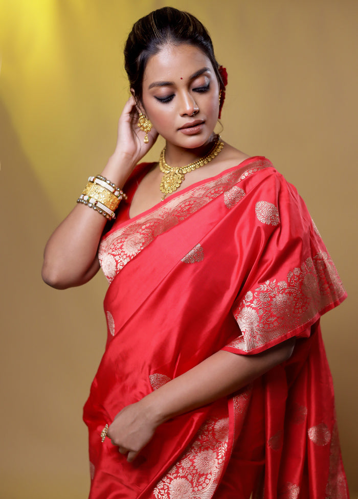 Red Handloom Katan Pure Silk Saree With Blouse Piece