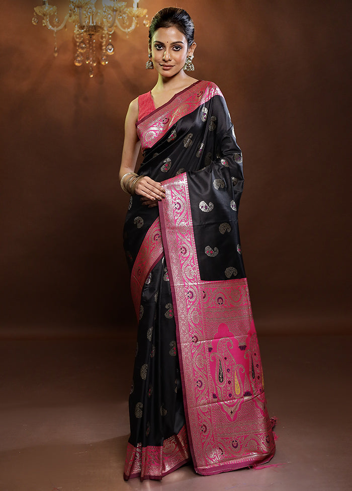 Black Dupion Silk Saree With Blouse Piece - Indian Silk House Agencies